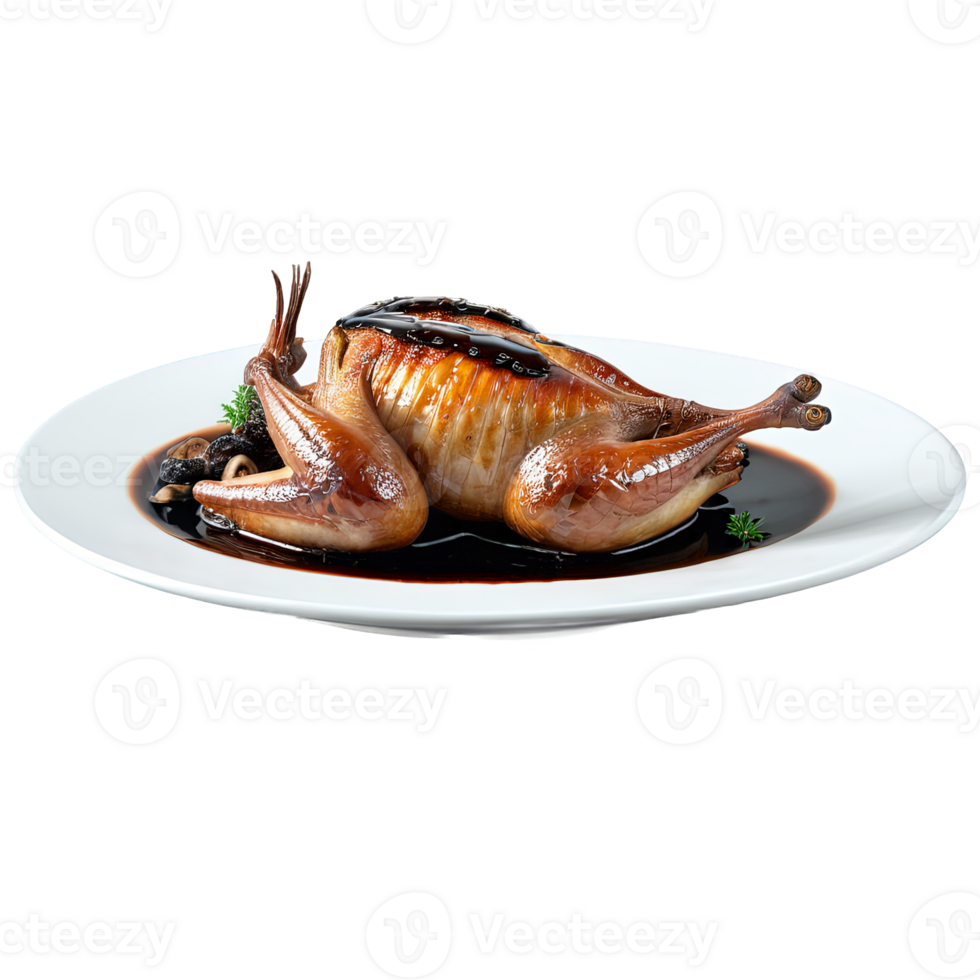 AI Generated roasted quail, stuffed with mushrooms and served with a balsamic glaze, capt png