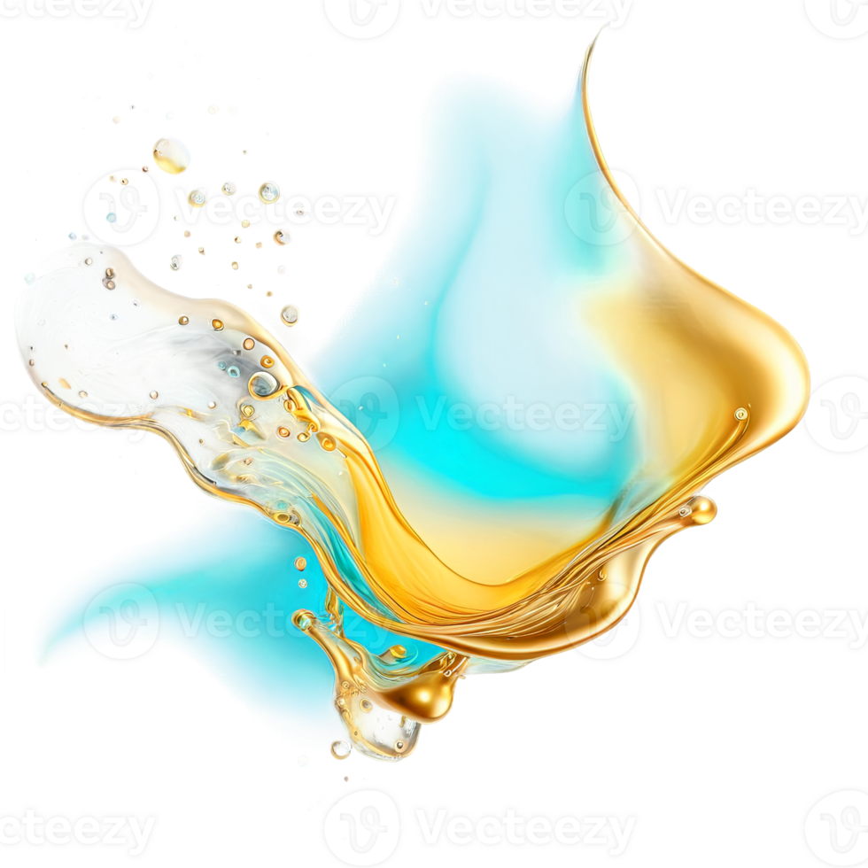 AI Generated Abstract golden drop water paint strokes and ink drops in aqua watercolor on transparent background. png