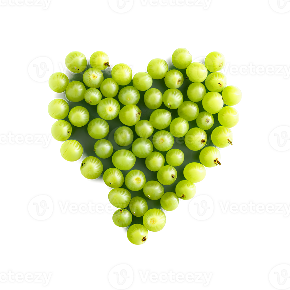 ai généré groseilles à maquereau lumière vert petit et rond doucement arrangé dans une cœur formation nourriture et culinaire png