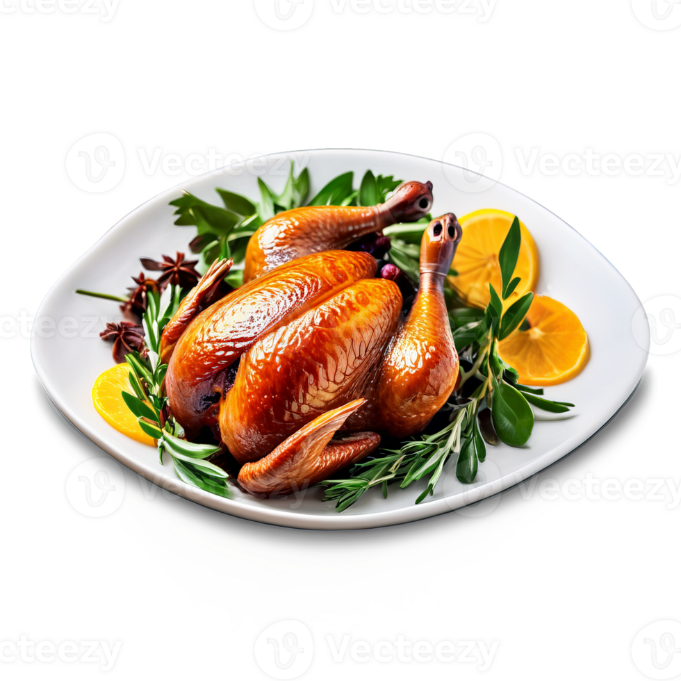 AI Generated Whole squab roasted and glazed crispy skin captured in dramatic lighting Food and culinary concept png