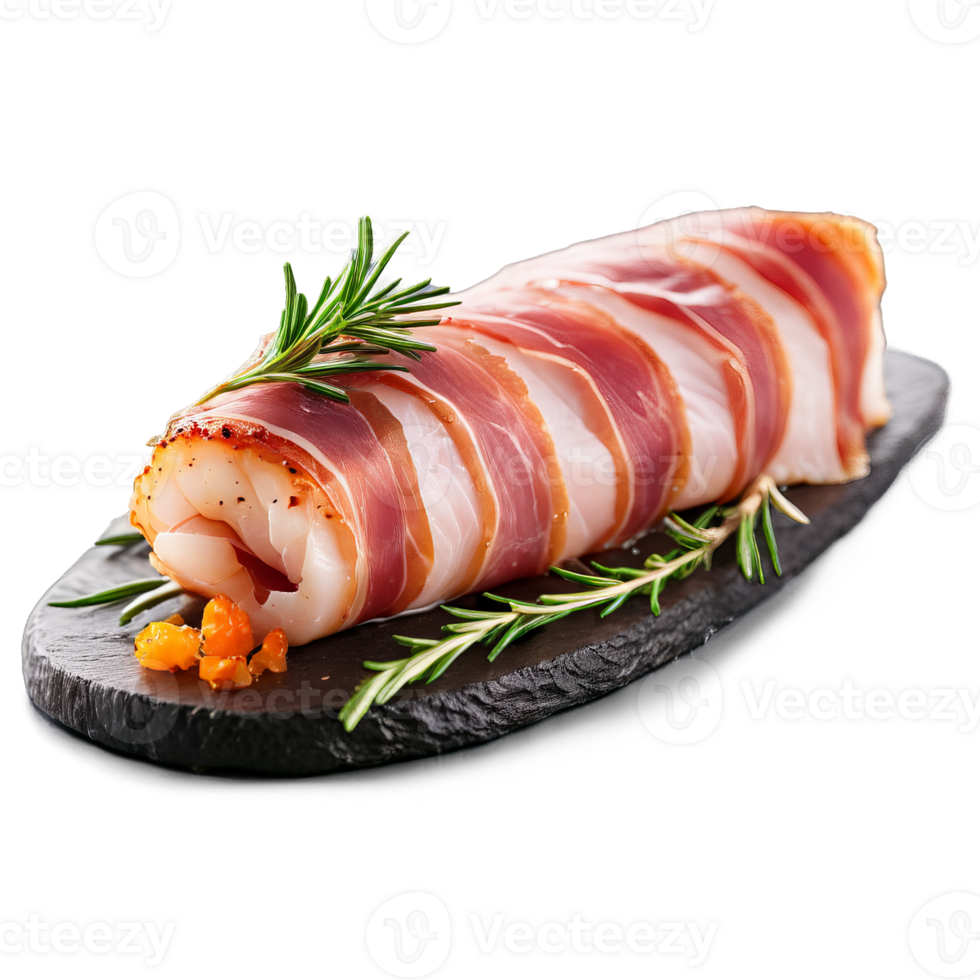 AI Generated Roasted monkfish fillet wrapped in prosciutto garnished with rosemary shot with a macro lens png