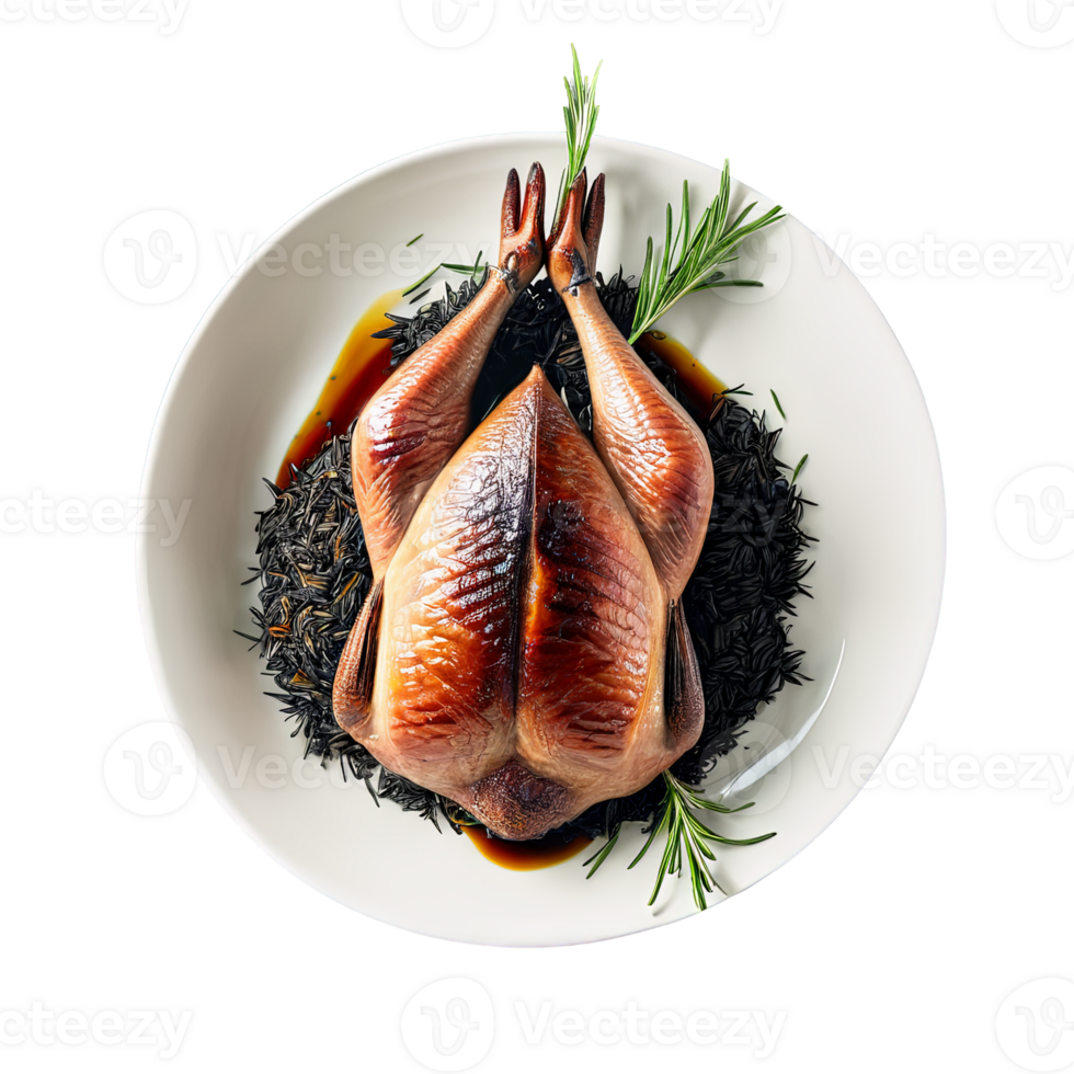 AI Generated A delectable roasted squab, stuffed with wild rice and served with a balsamic glaze, png