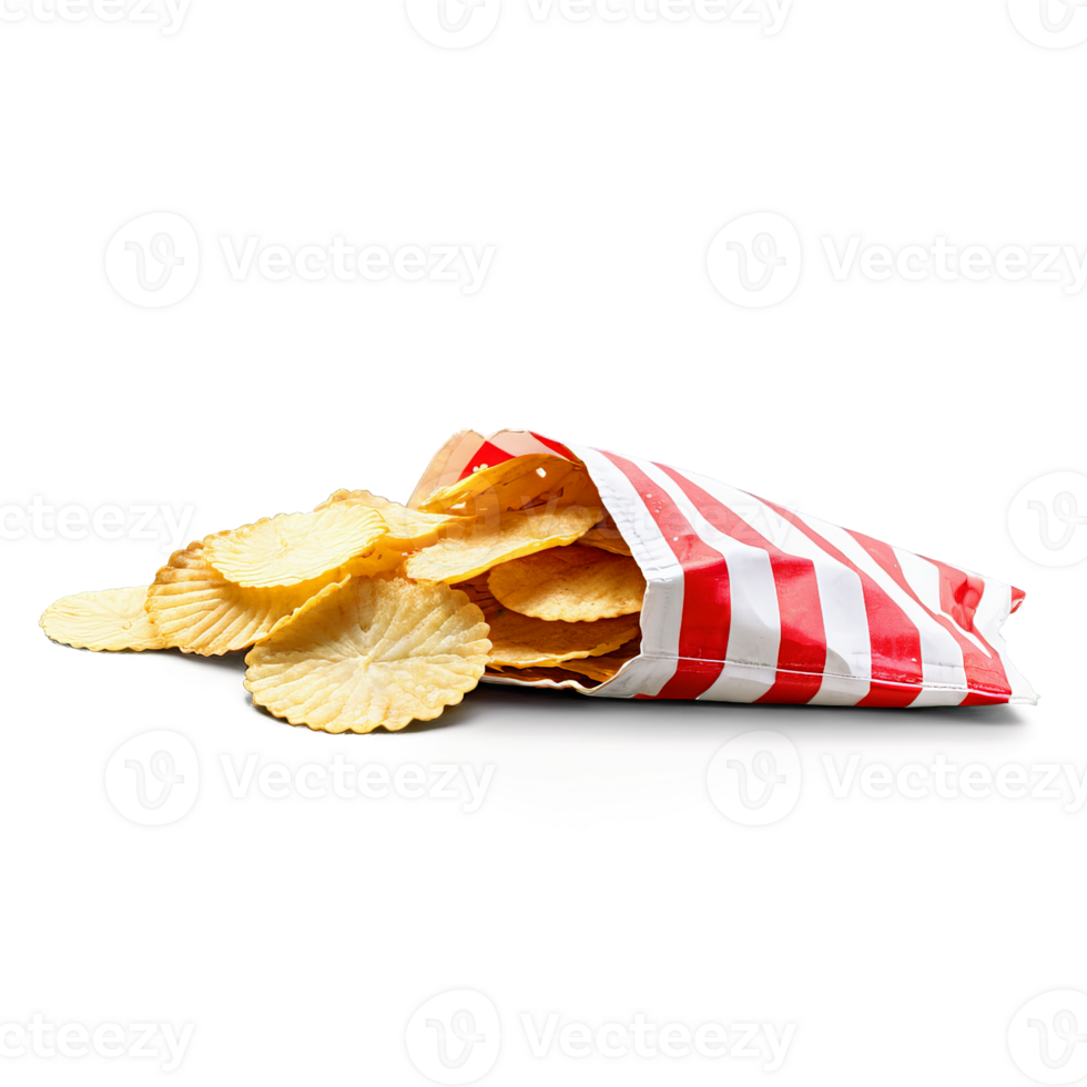 AI Generated Picnic potato chips in red striped paper bags opened to show golden contents and condensation png