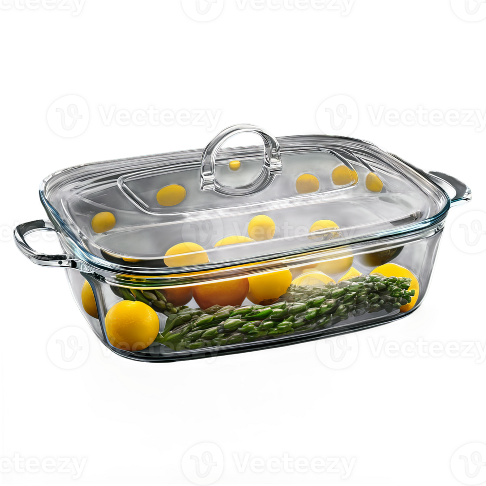 AI Generated Glass casserole dish with a fitted lid and large handles bubbling with a comforting oven png