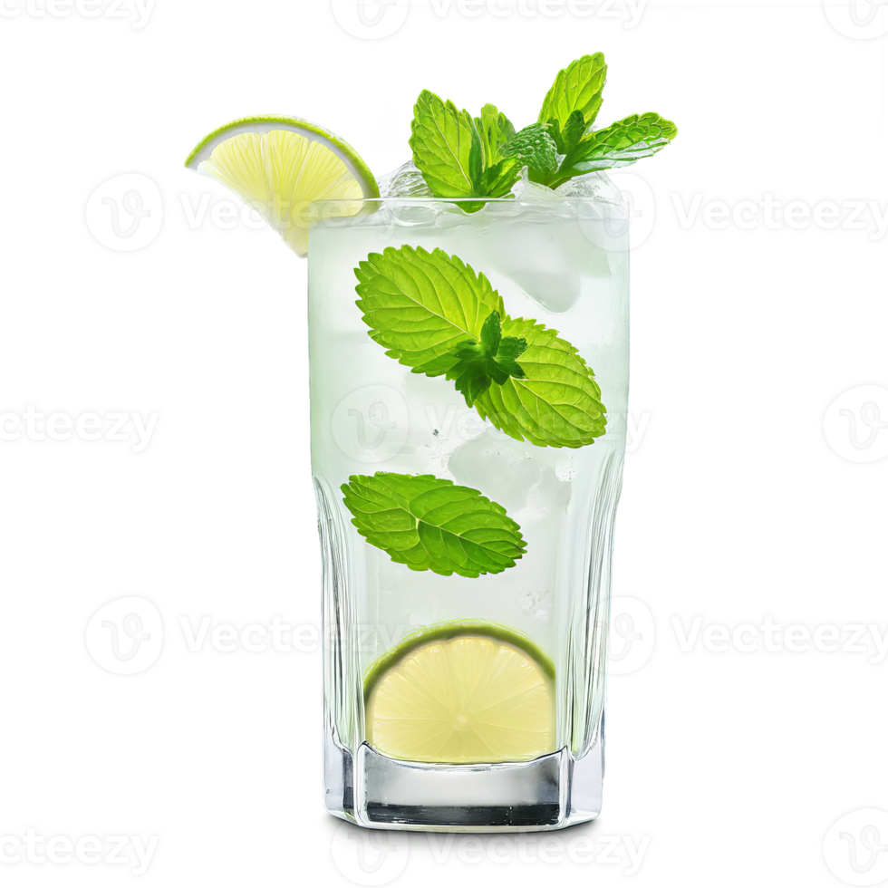 ai generado refrescante menta limonada en un whisky soda vaso menta ramitas anidado entre Lima rebanadas verano frescura png