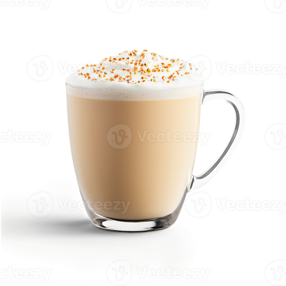 AI Generated Vanilla bean latte in a clear glass mug with specks of vanilla bean throughout the png