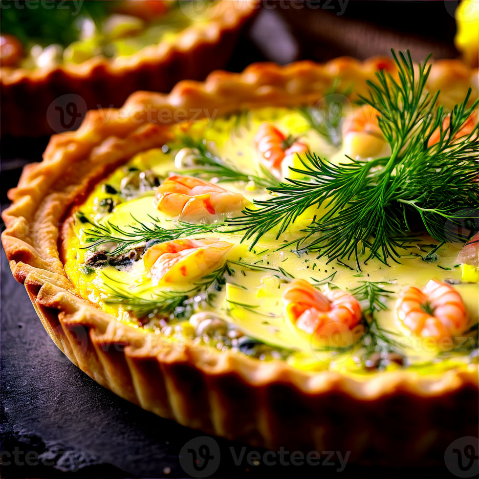 AI Generated Seafood quiche creamy custard filling garnished with dill and lemon zest shot with a shallow png