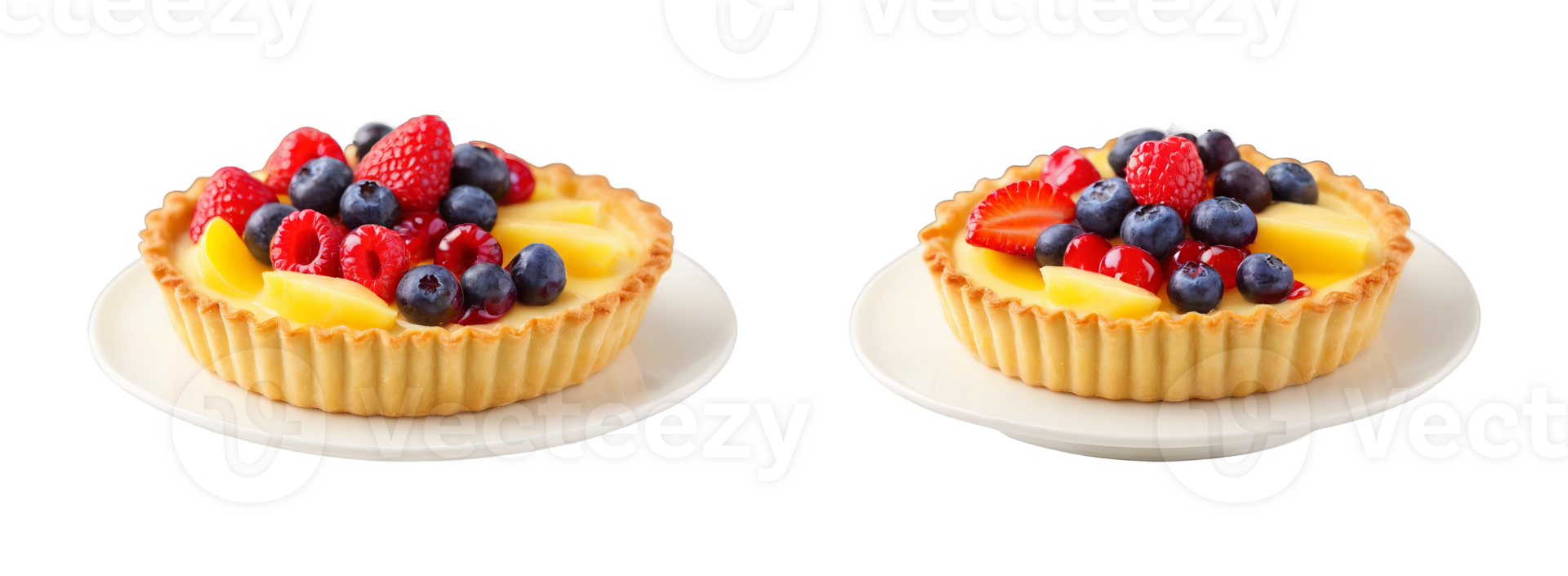AI Generated Fruit tart with assorted fresh berries vanilla custard filling buttery shortcrust pastry glossy glaze. Culinary and Food concept png