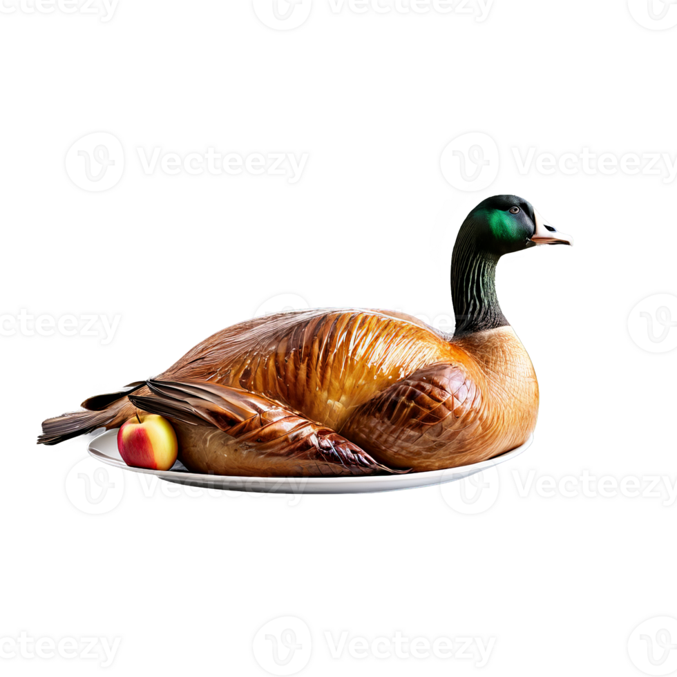 AI Generated Whole goose roasted to golden brown stuffed with apples captured in natural light png