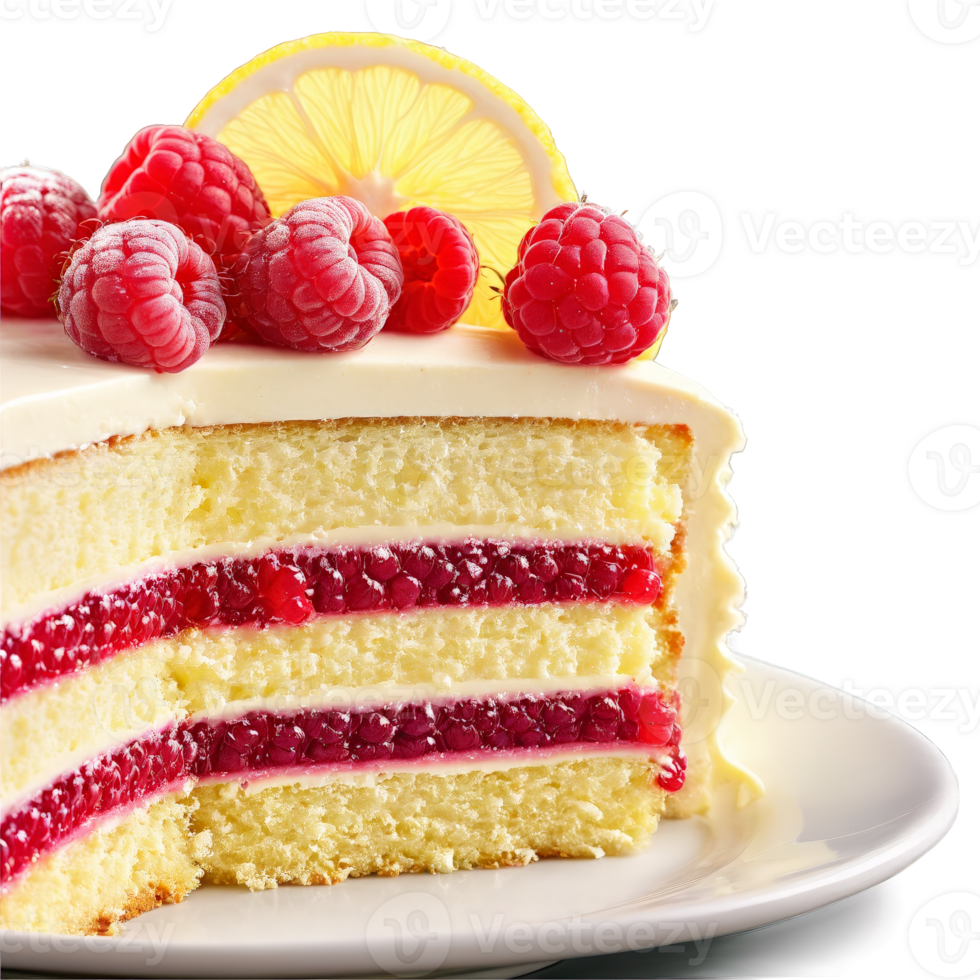 AI Generated Lemon raspberry cake slice with moist layers raspberry filling lemon buttercream frosting fresh raspberry garnish png