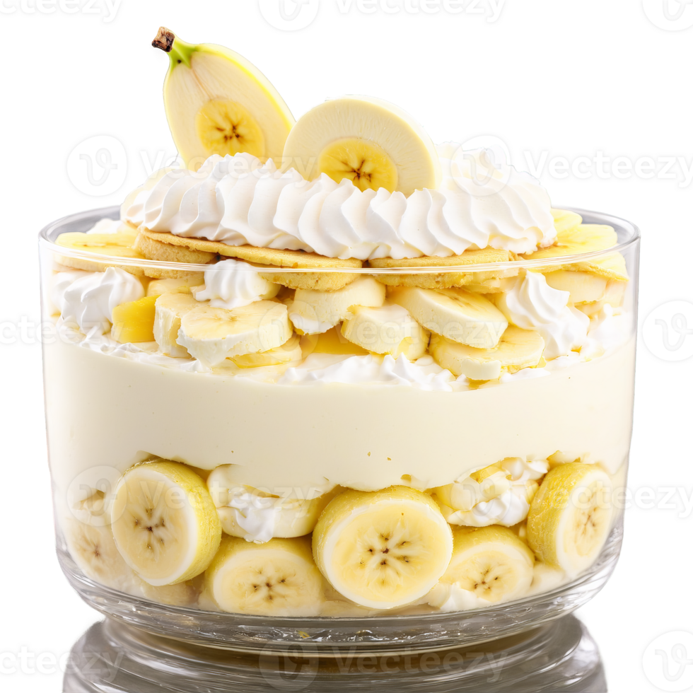 AI Generated Banana pudding with layers of vanilla wafers creamy pudding sliced bananas whipped cream topping Culinary png
