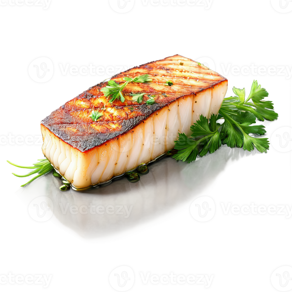 AI Generated wild-caught Chilean sea bass fillet, grilled to perfection, garnished with a sprig of fresh p png