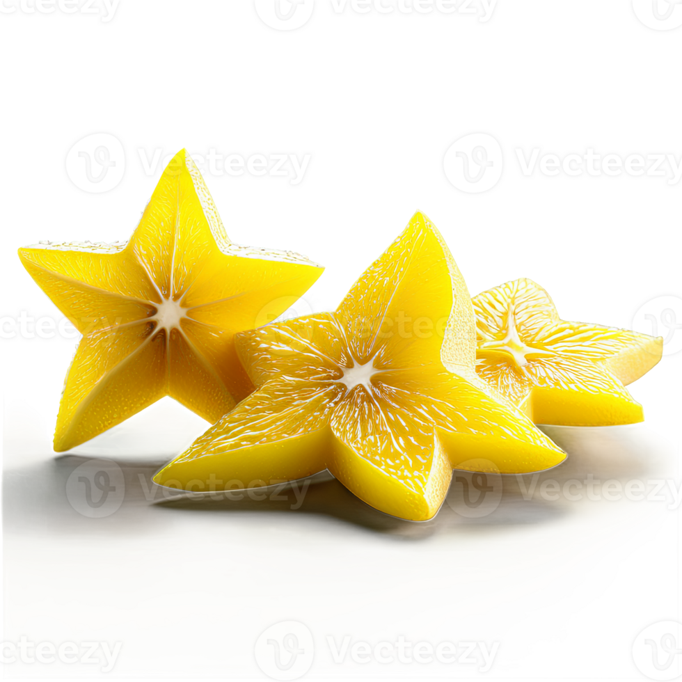 AI Generated Starfruits bright yellow star shaped slices crisp heart shape with subtle shadows Food and culinary png