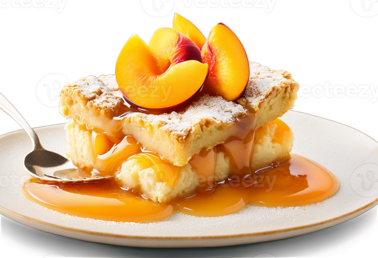 AI Generated Peach cobbler with golden brown biscuit topping juicy peach filling bubbling syrup rustic appearance Culinary png