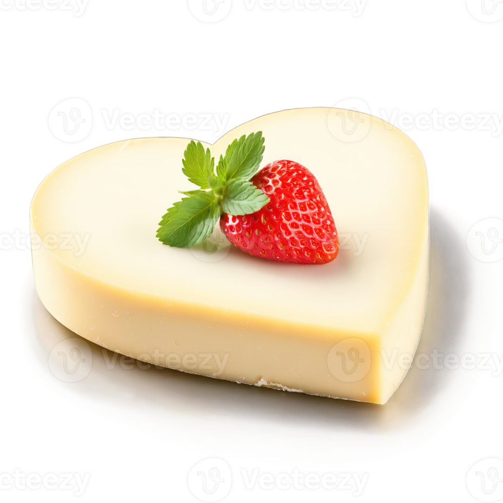 AI Generated Saulnois cheese soft heart shaped with white rind paired with fresh strawberries and mint leaves. Culinary and Food concept png