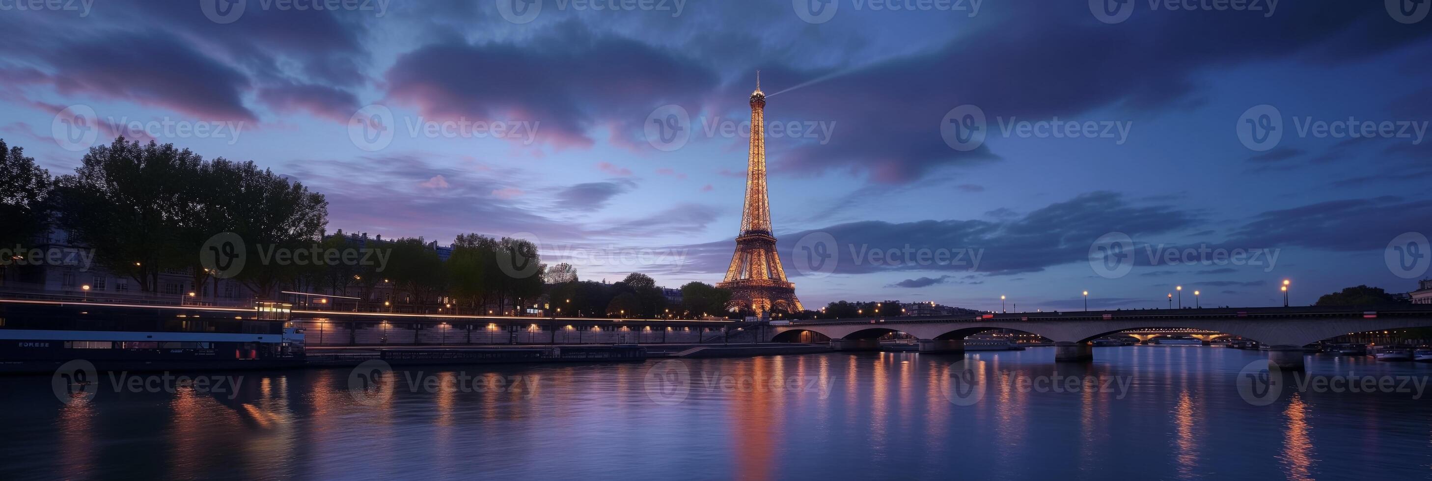 ai generado crepúsculo eiffel torre panorama con jábega foto