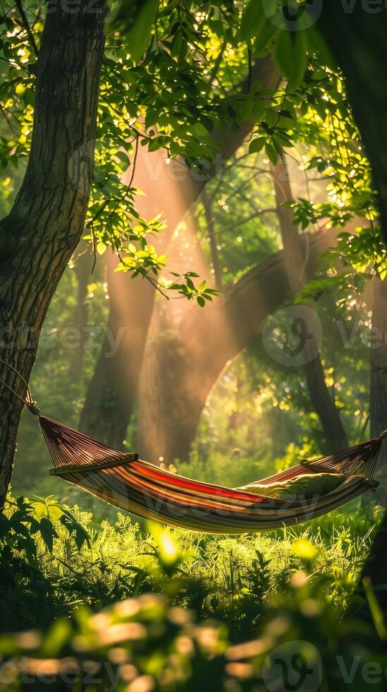 AI generated An idyllic summer scene with a vibrant hammock under the trees photo