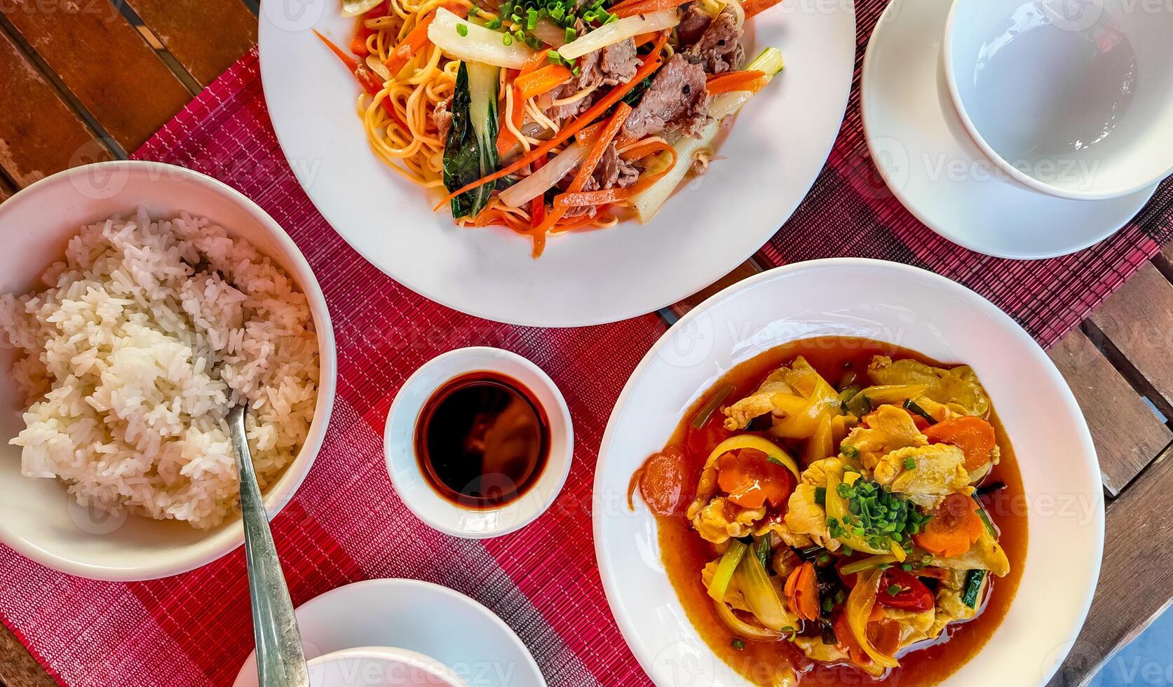 Asian Cuisine Overhead, Rice, Noodles, Curry photo