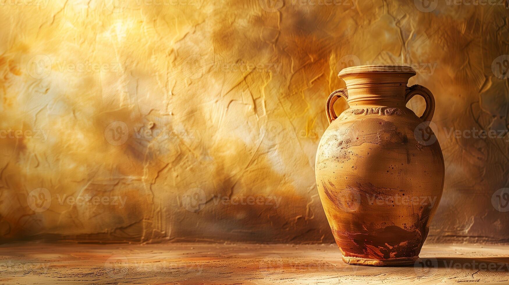 AI generated Ancient ceramic pottery jug against a textured golden background, with a warm, rustic Mediterranean ambiance, ideal for historical or cultural themes photo