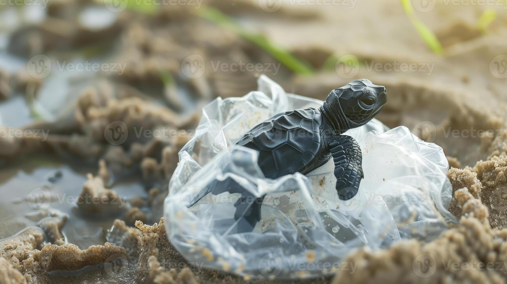 AI generated Newborn sea turtle navigating through plastic pollution on sandy beach, highlighting environmental issues and World Oceans Day photo