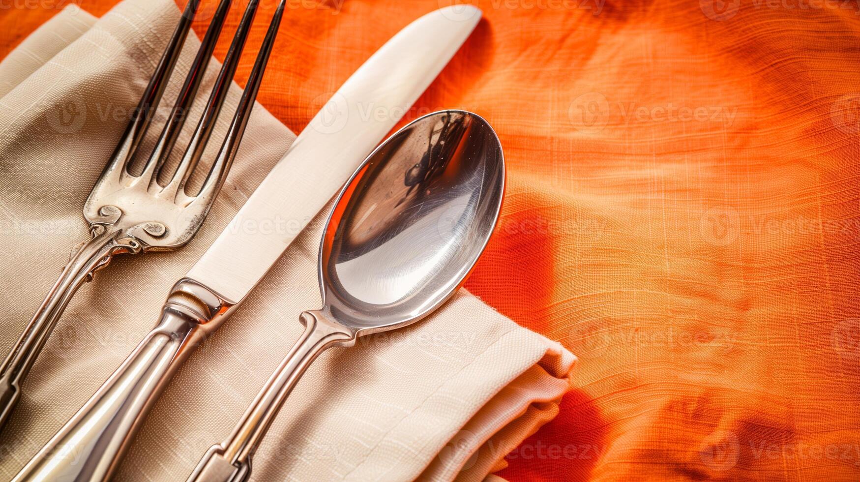 AI generated Elegant silverware set on an orange linen tablecloth, depicting a high end dining concept, ideal for festive or Thanksgiving themes photo