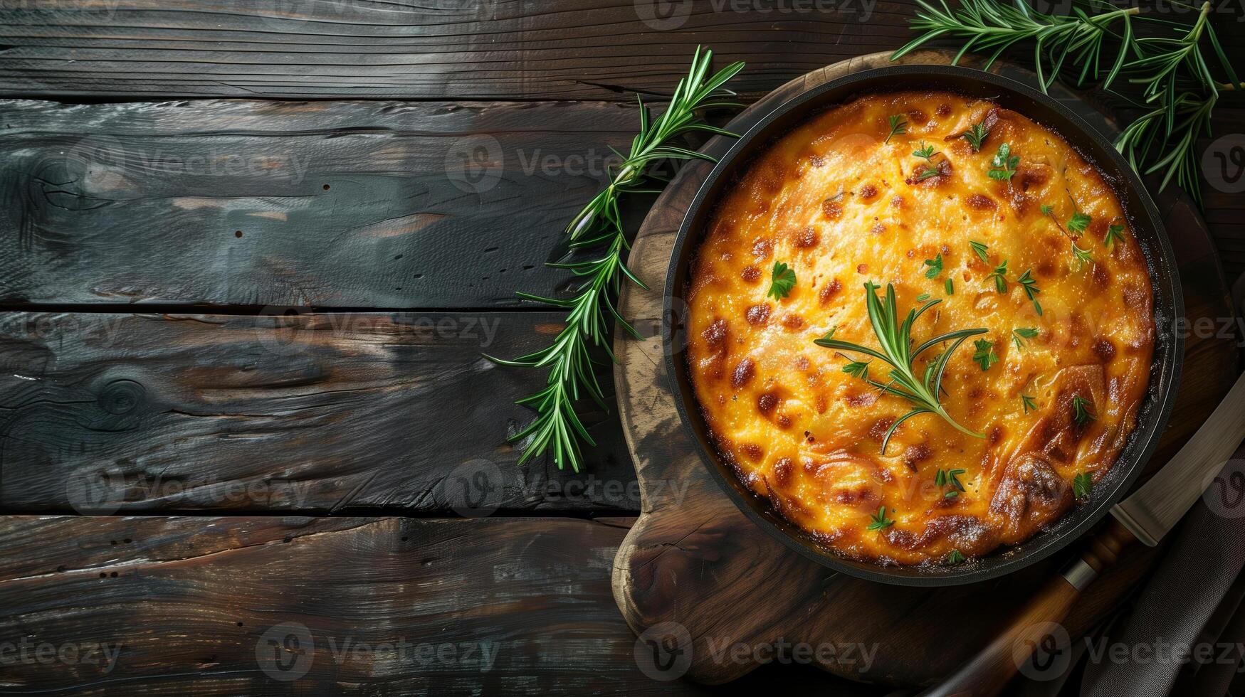 AI generated Golden brown homemade shepherds pie in a black skillet garnished with fresh rosemary and parsley on a rustic wooden background, ideal for cozy family dinners photo