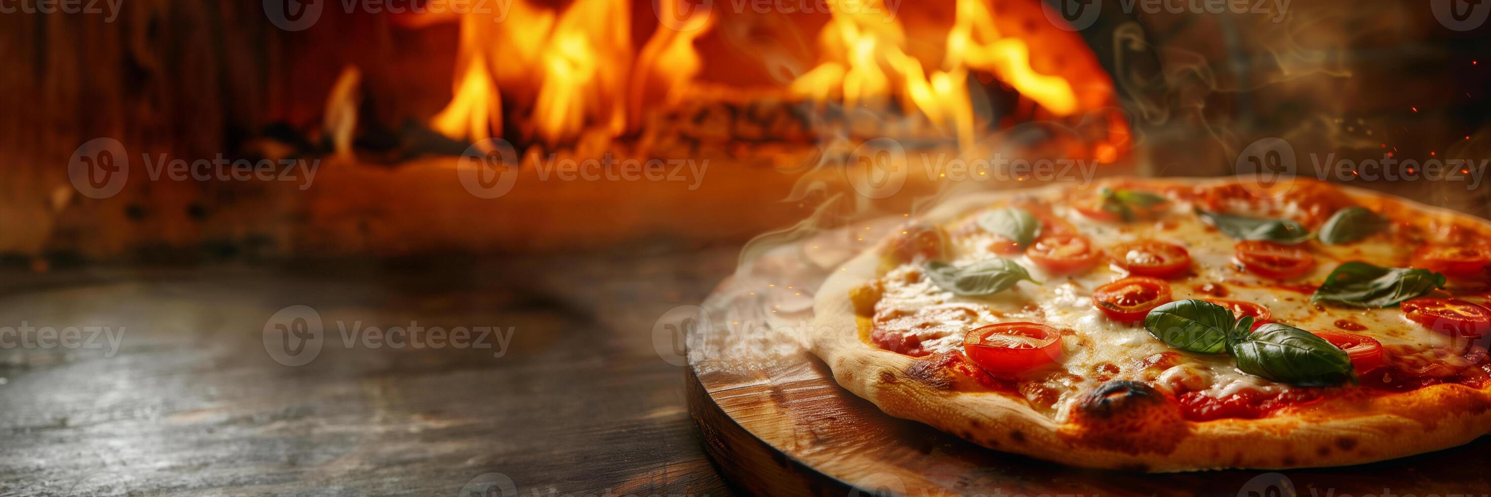 AI generated Freshly baked Margherita pizza with melting cheese, cherry tomatoes, and basil on a wooden board in front of a fiery oven, perfect for culinary and dining concepts photo