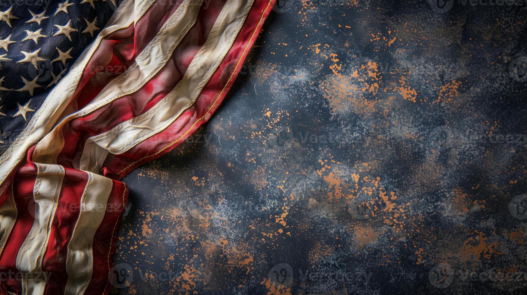 AI generated Vintage American flag draped elegantly on a textured dark background, suitable for Fourth of July or Memorial Day tributes, conveying patriotism and national pride photo