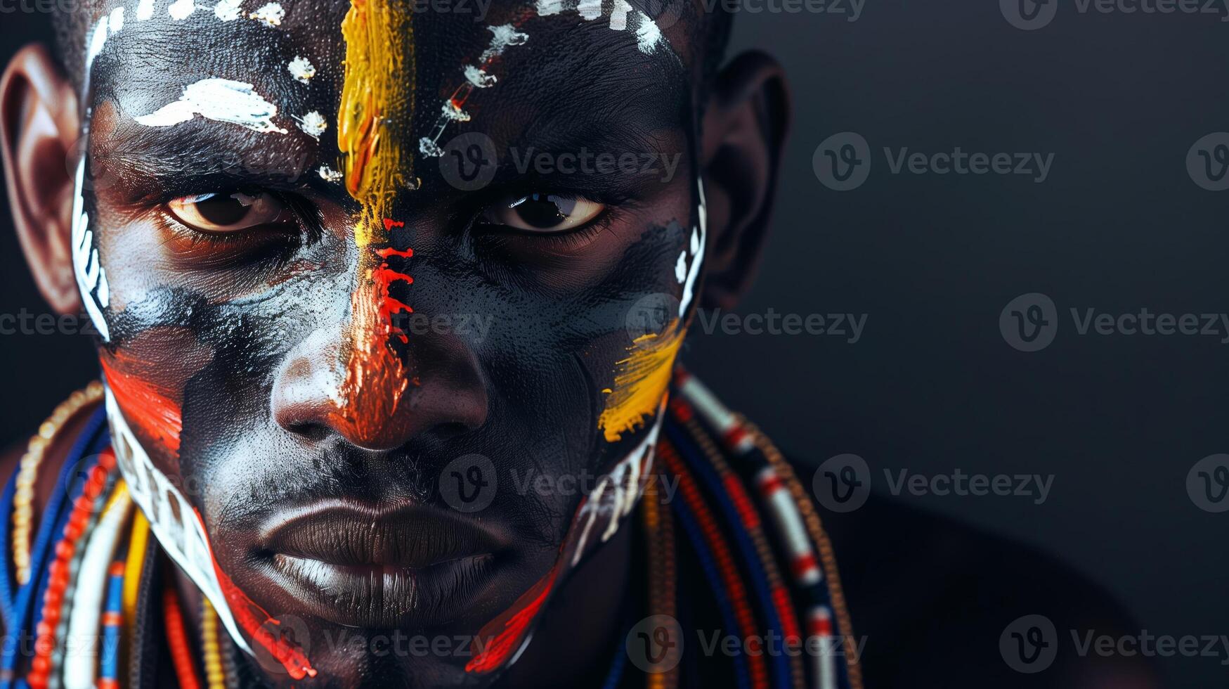 AI generated Close up portrait of an African man with traditional face paint and beadwork, symbolizing cultural heritage and identity photo