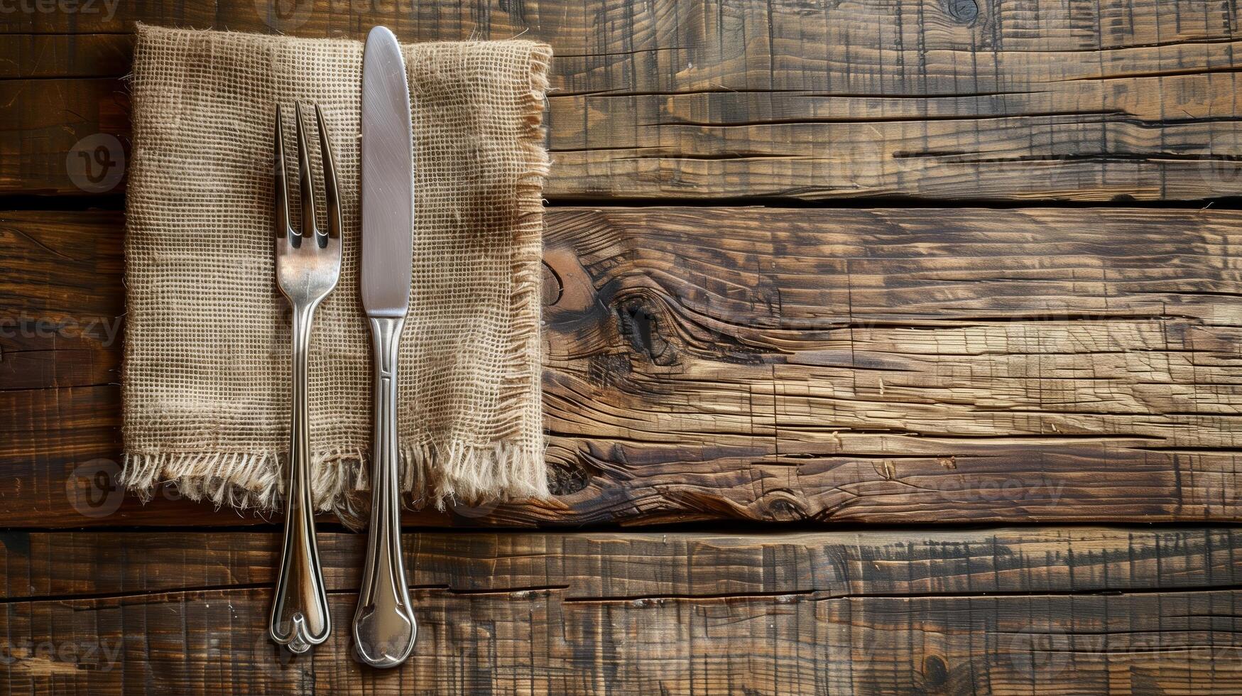 AI generated Elegant stainless steel fork and knife on a rustic burlap napkin against a dark wooden table background, setting a theme for gourmet dining or Thanksgiving concept photo