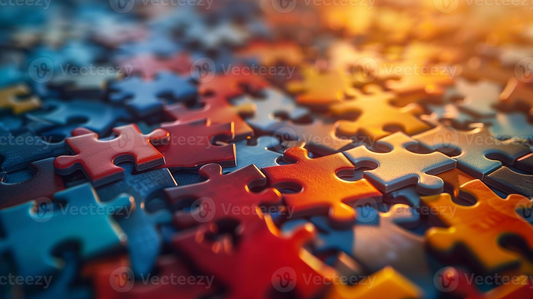 AI generated Abstract close up of a partially completed jigsaw puzzle with vibrant, interlocking pieces in warm sunlight, symbolizing problem solving or teamwork concepts photo