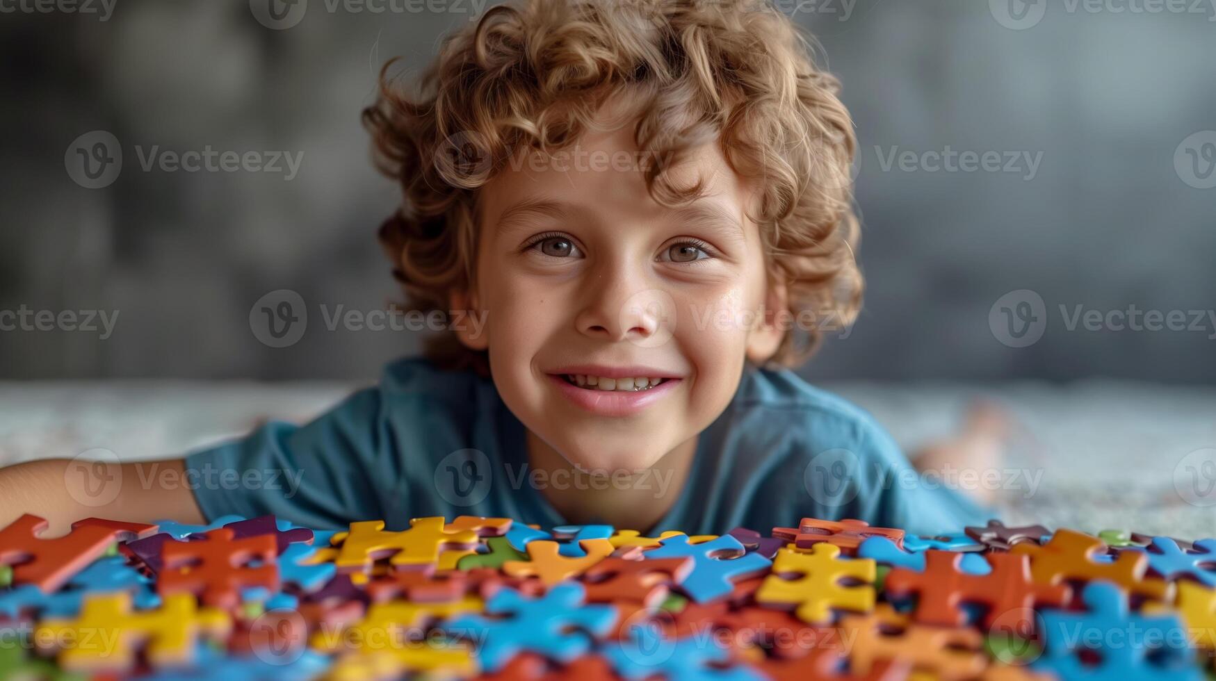 AI generated Cheerful caucasian boy with curly hair smiling above colorful puzzle pieces, concept of childhood play and development photo