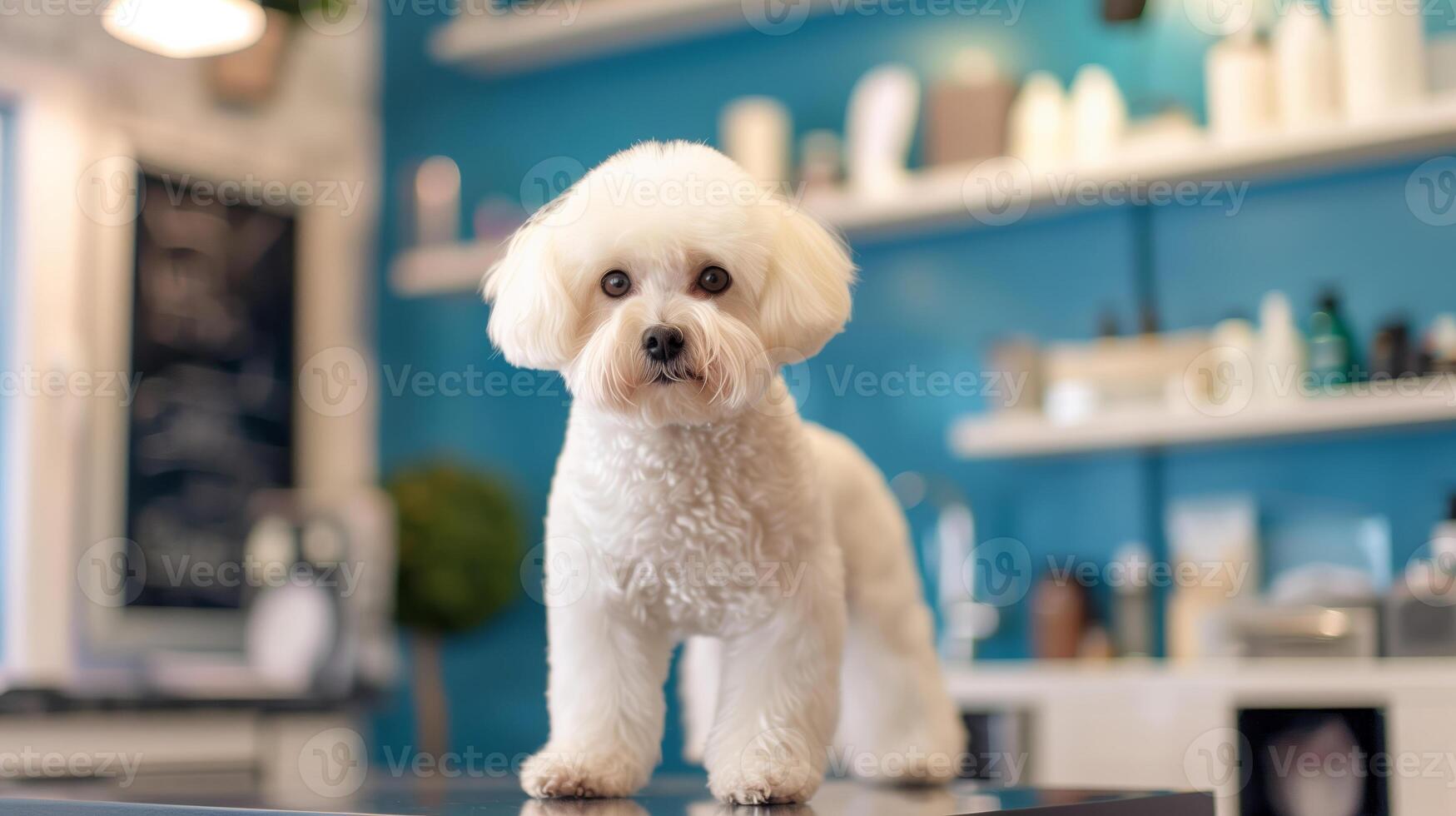 ai generado linda blanco bichón frise perro en pie en encimera en un moderno azul tonificado cocina interior, mirando a el cámara con un arreglado Saco foto