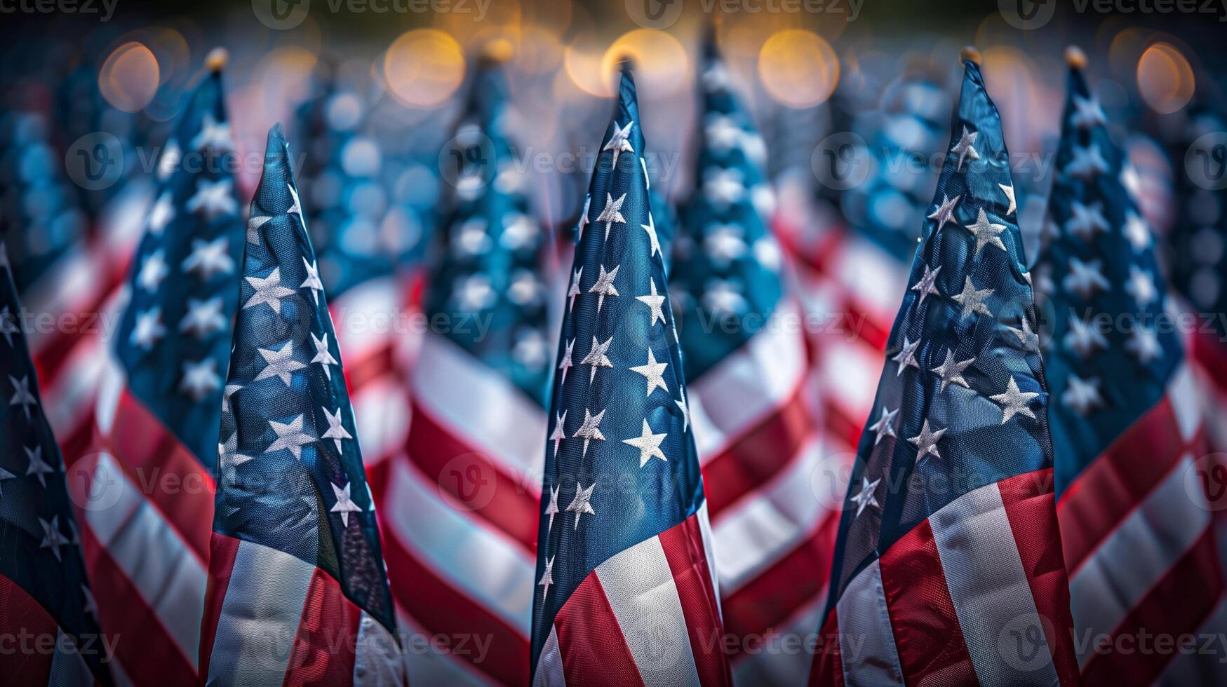 AI generated Close up of multiple American flags in shallow focus, symbolizing patriotism, ideal for Independence Day or Memorial Day themes photo