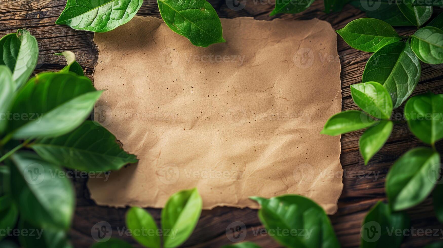 AI generated Blank vintage parchment paper surrounded by vibrant green leaves on a rustic wooden background, ideal for eco friendly concepts or nature themed design elements photo