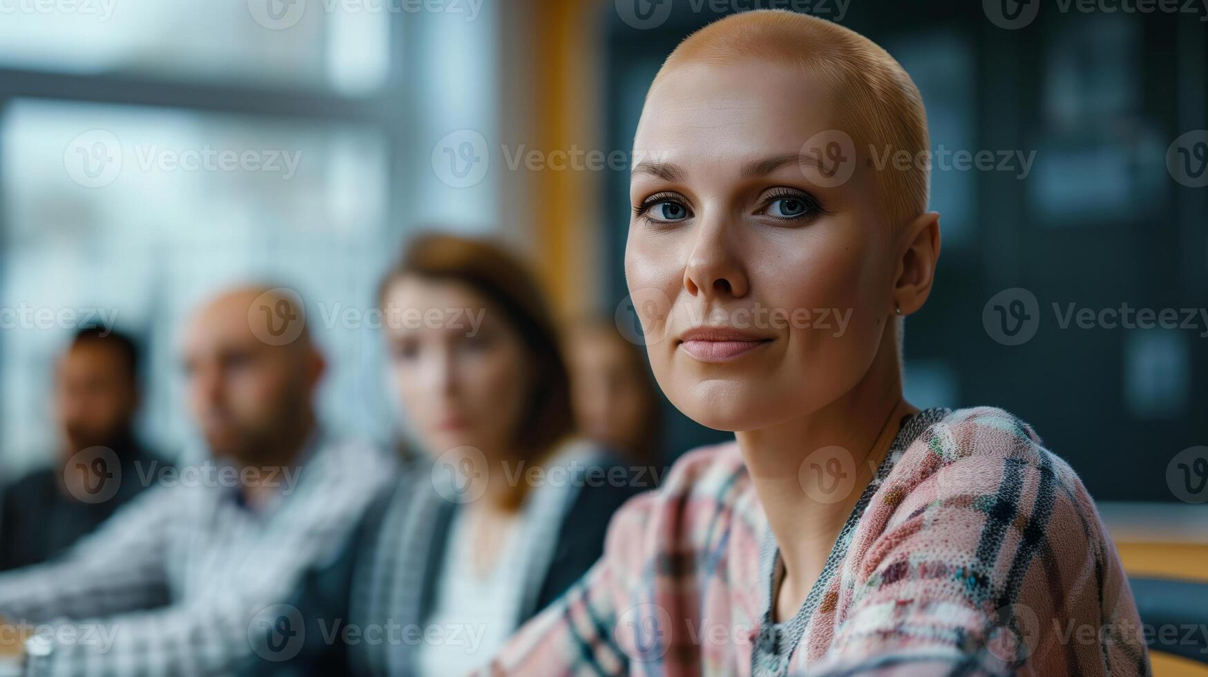 AI generated Confident Caucasian businesswoman with a short haircut attending a workshop, set in a contemporary office environment, symbolizing leadership and diversity in the workplace photo