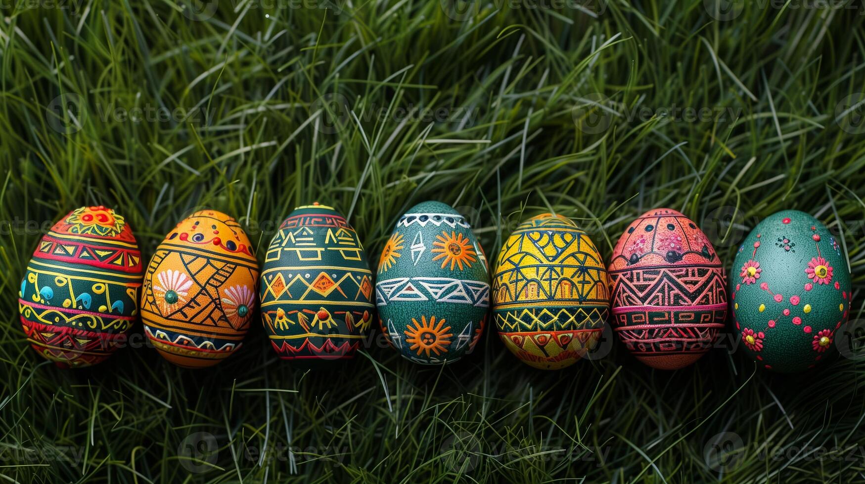 AI generated Colorful hand painted Easter eggs with intricate traditional designs nestled in a bed of vibrant green grass, symbolizing Easter celebrations and cultural artistry photo