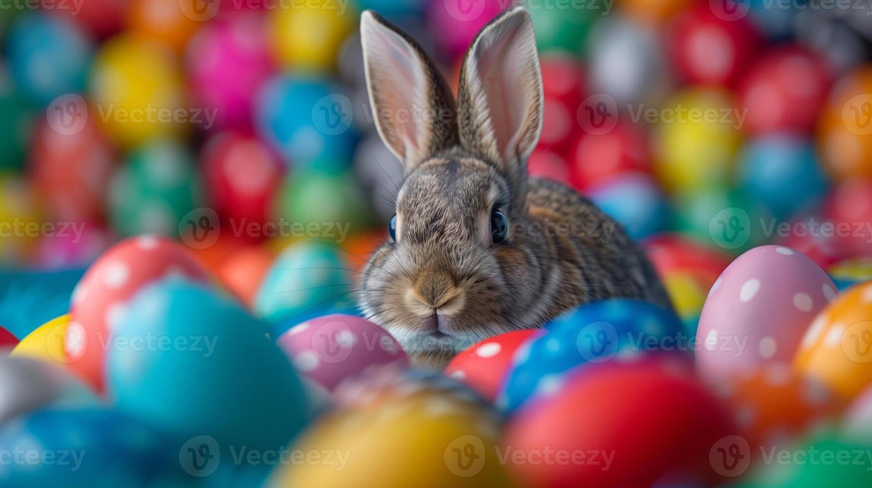 AI generated Adorable brown rabbit surrounded by a vibrant collection of decorated Easter eggs, symbolizing Easter holiday festivities and traditions photo