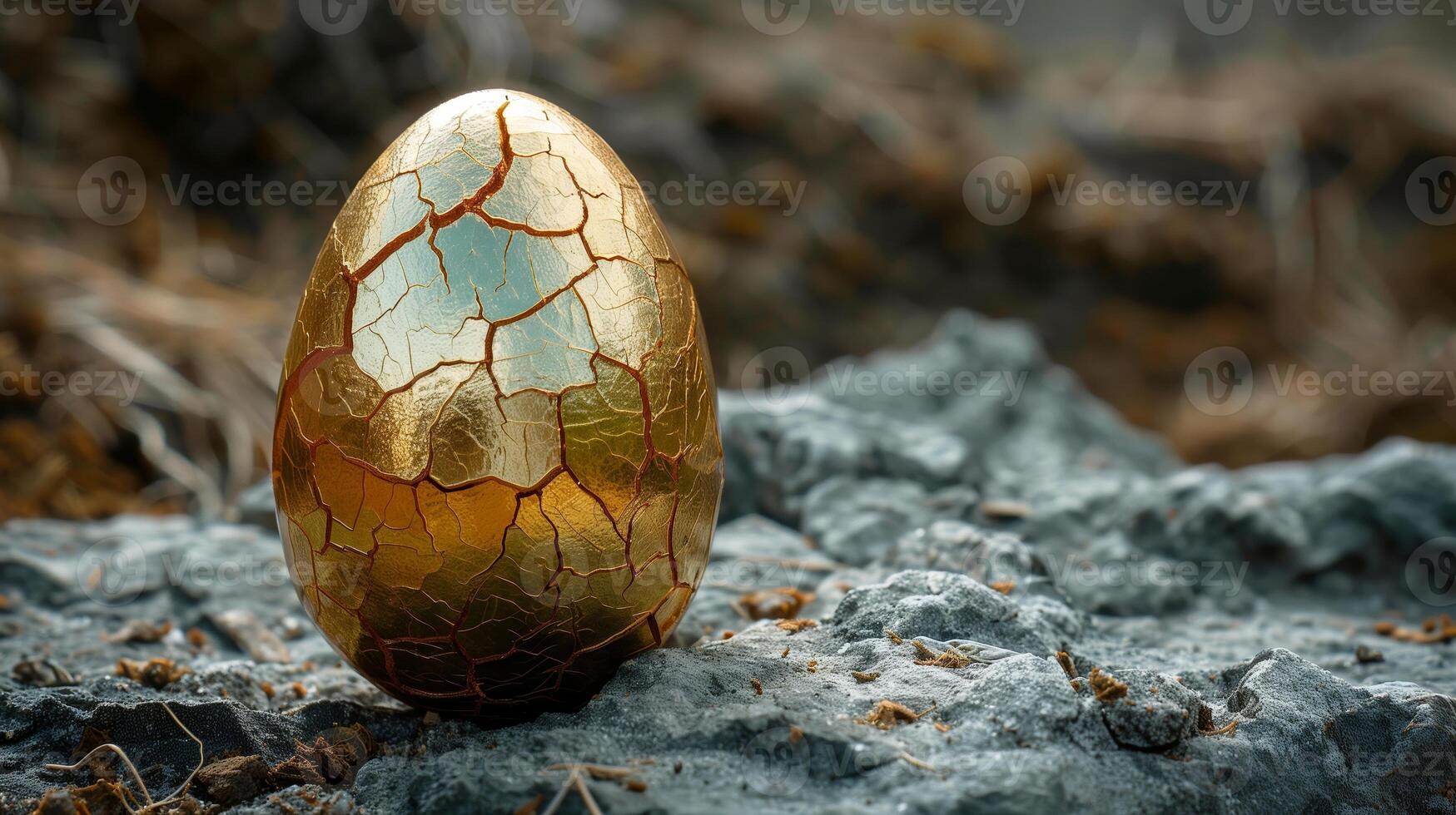 AI generated Golden cracked egg on a rocky terrain, symbolizing wealth, luxury, or a unique Easter concept with a mysterious, fantasy feel photo