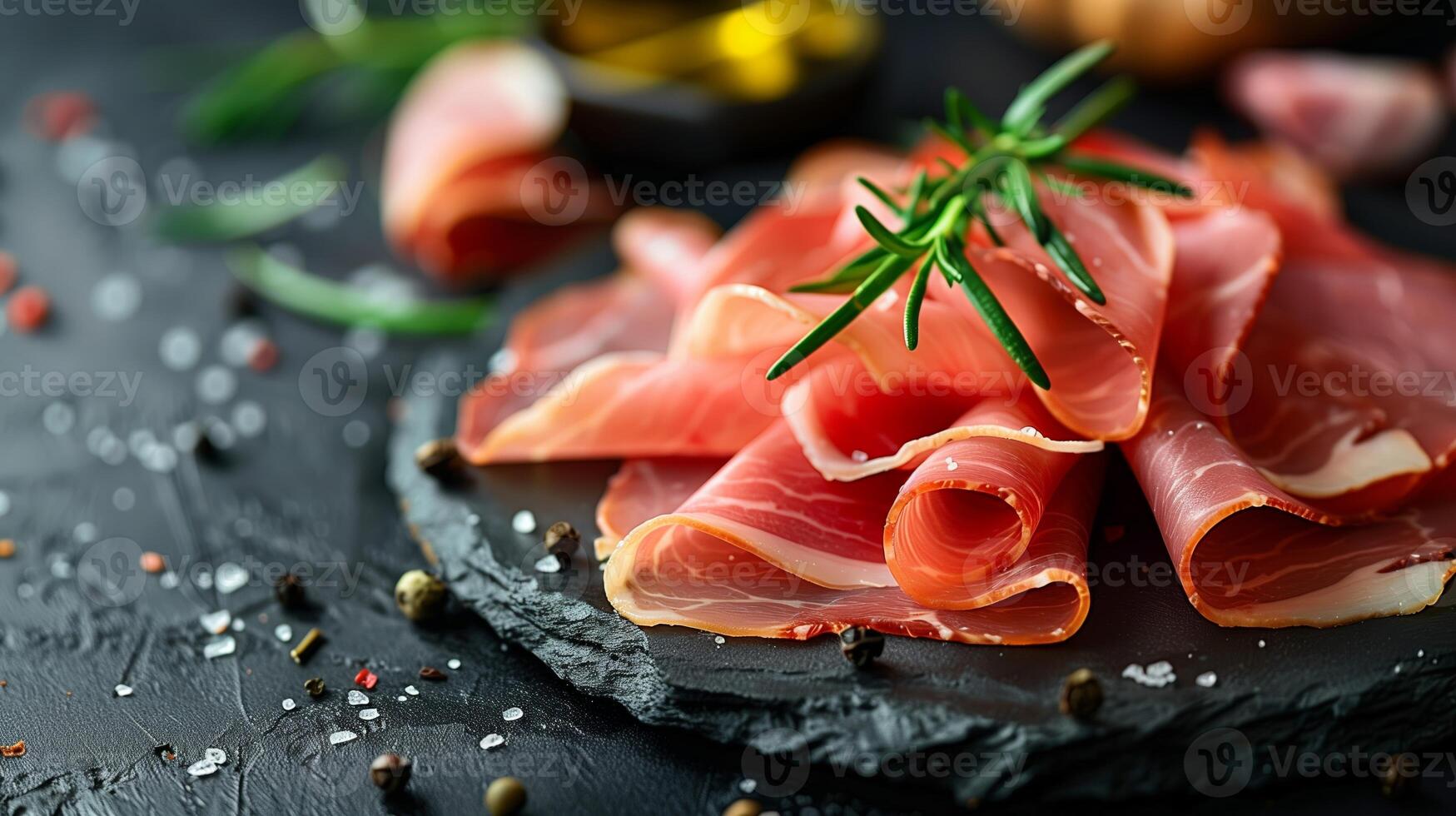 AI generated Close up of thinly sliced prosciutto with fresh rosemary, peppercorns and sea salt on a dark stone surface, ideal for culinary concepts and gourmet food presentations photo
