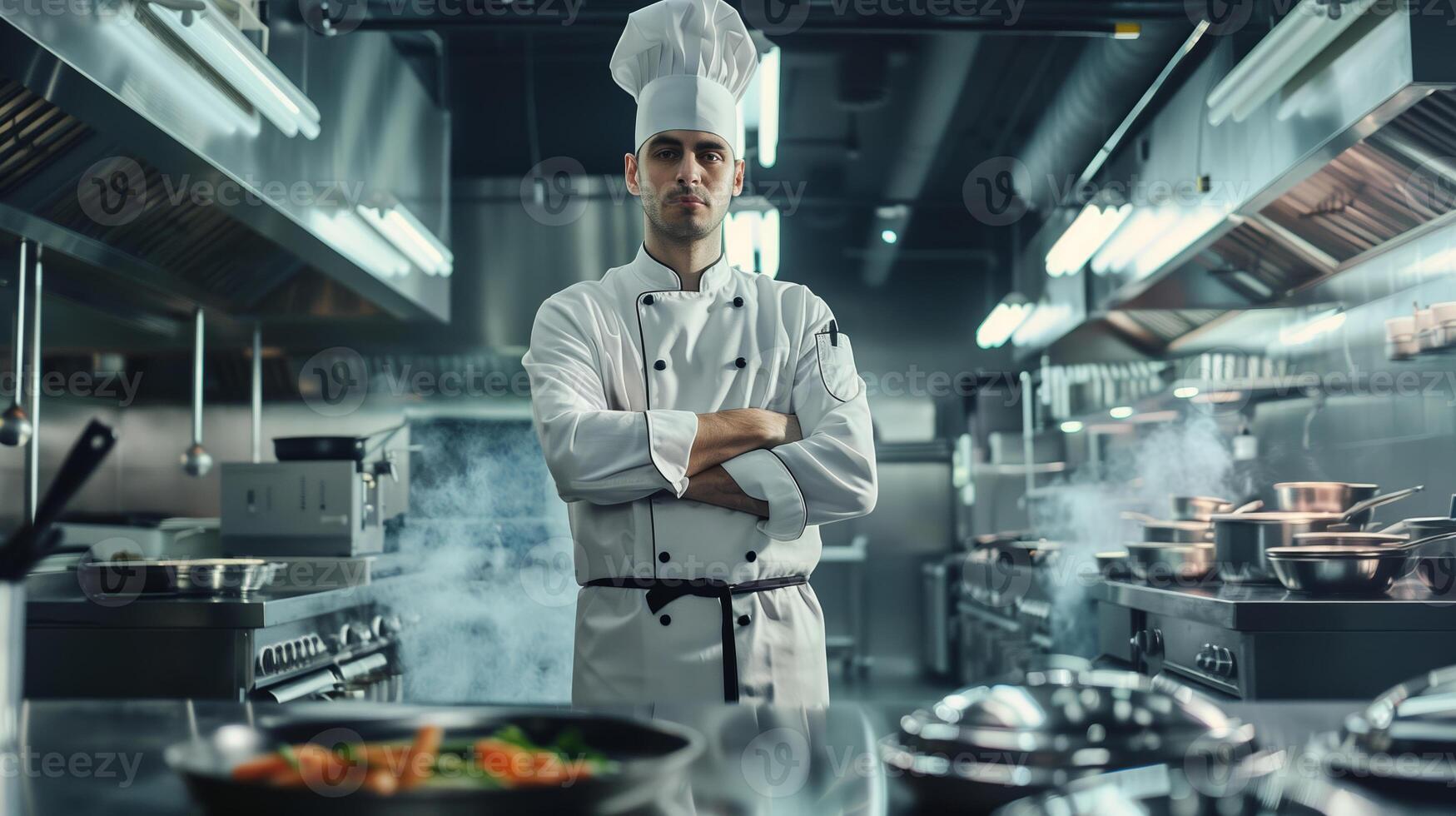 AI generated Confident Caucasian male chef with arms crossed standing in a commercial kitchen with steam rising from cooking pots on the stoves photo