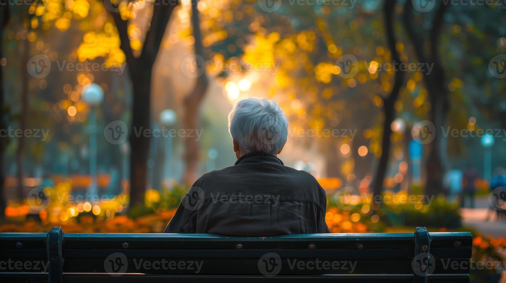 AI generated Elderly person sitting alone on a park bench during autumn, contemplating nature, with warm golden leaves and soft sunset light in the background photo