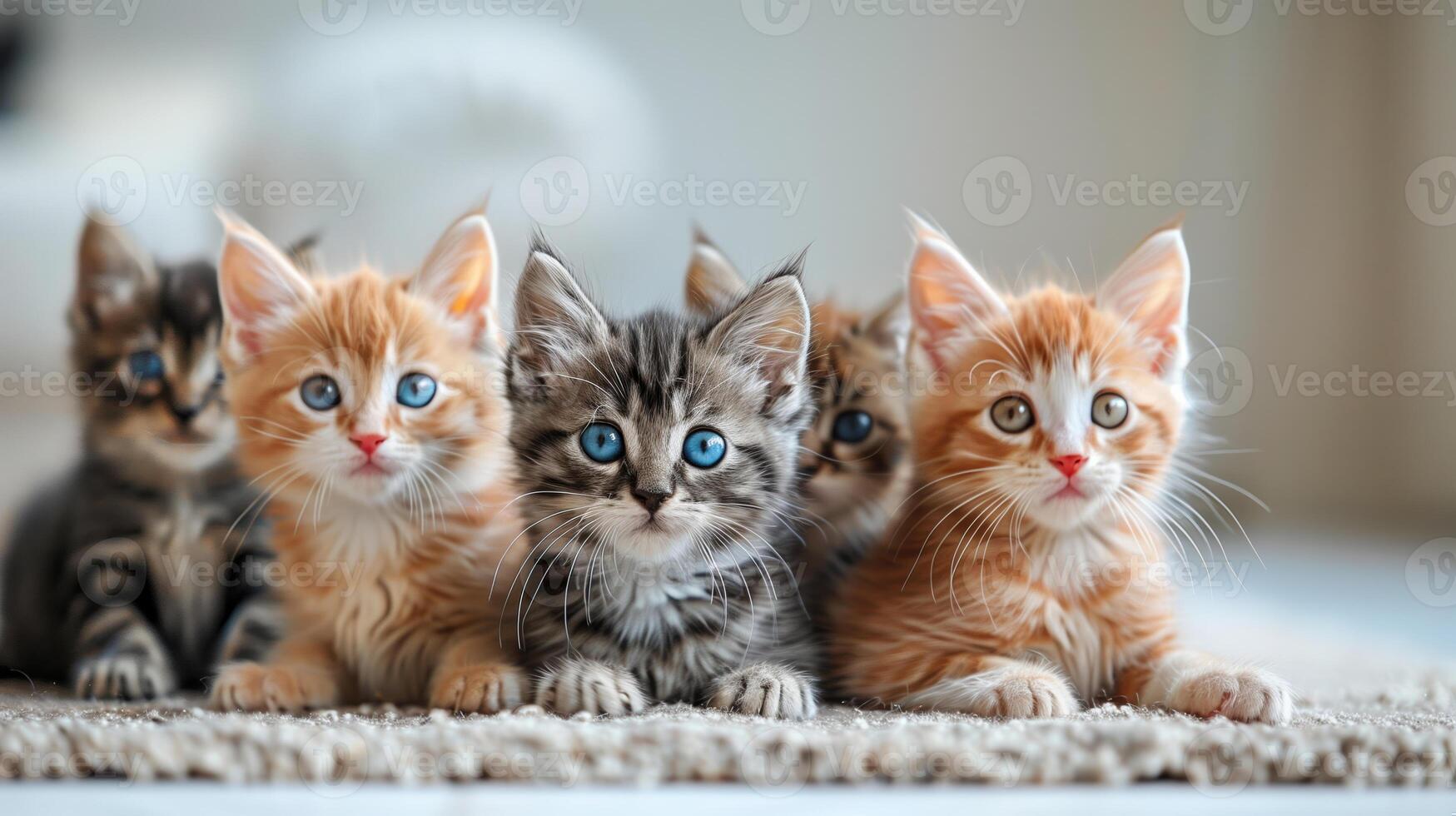 AI generated Group of adorable kittens with striking blue eyes sitting on a carpet, perfect for pet care and animal affection concepts photo