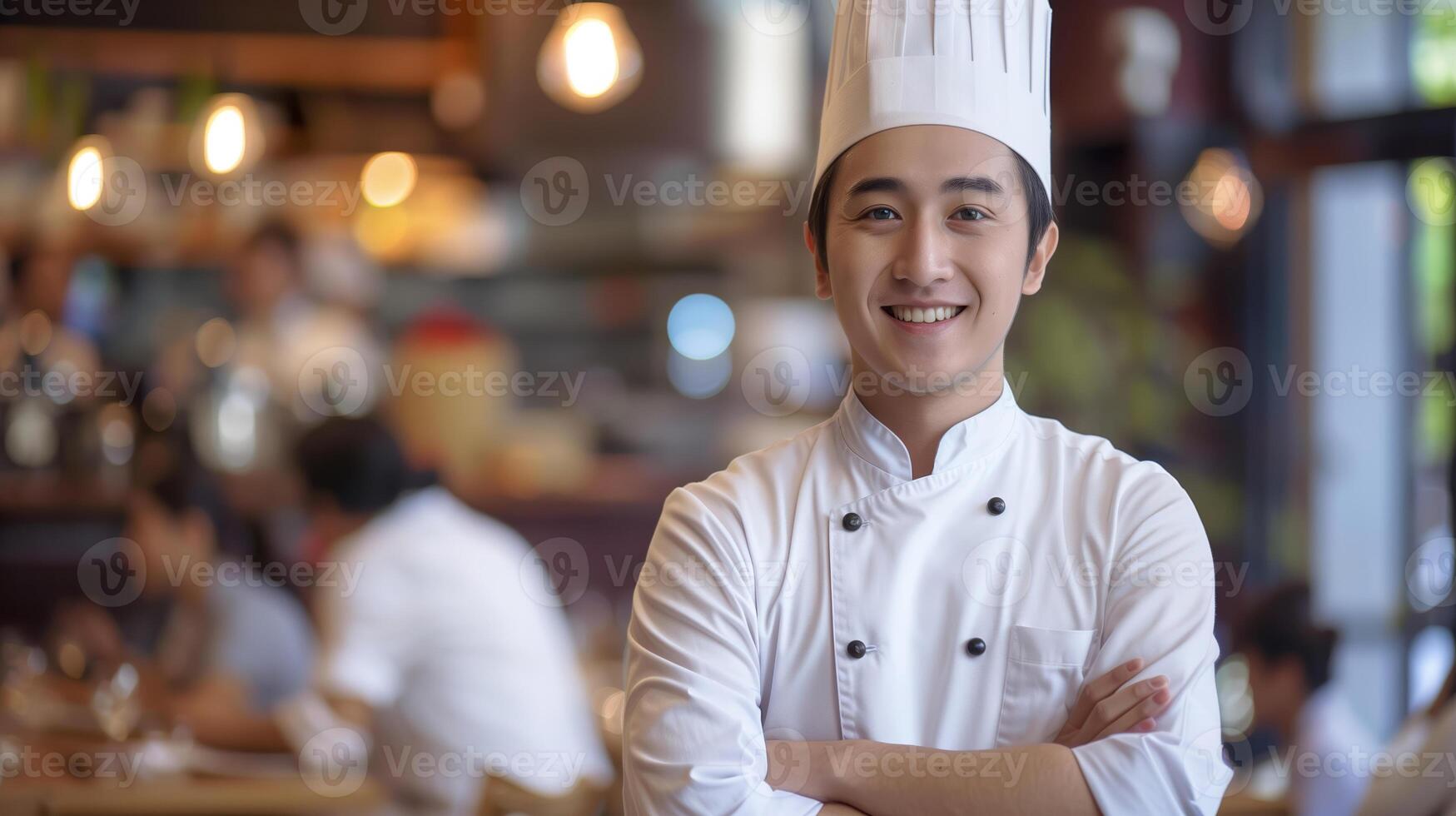 AI generated Confident Asian male chef with a friendly smile standing in a professional kitchen environment, conveying hospitality and culinary expertise photo