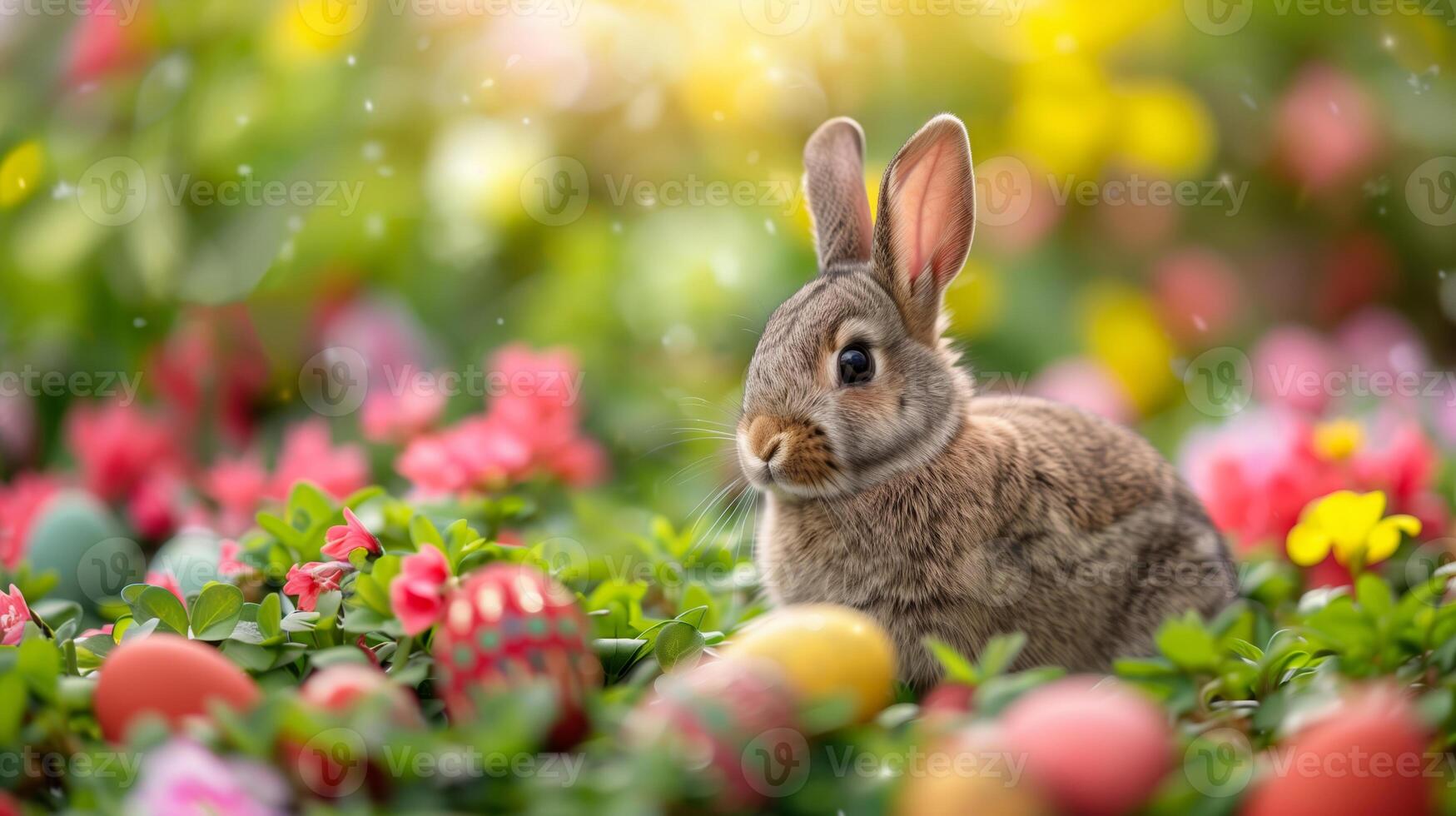 AI generated Adorable rabbit nestled among colorful Easter eggs and spring flowers, symbolizing Easter holiday celebrations photo