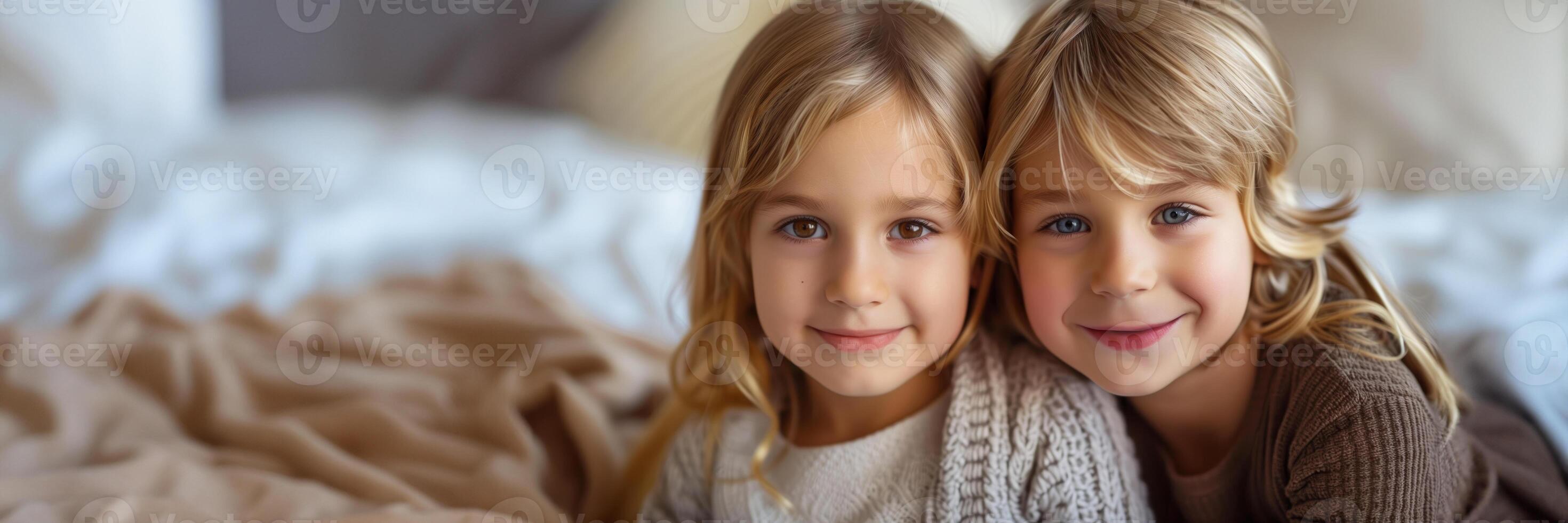 AI generated Close up of two joyful Caucasian siblings, a boy and a girl with blond hair, smiling and embracing in a cozy, homely atmosphere, conveying warmth and family togetherness photo