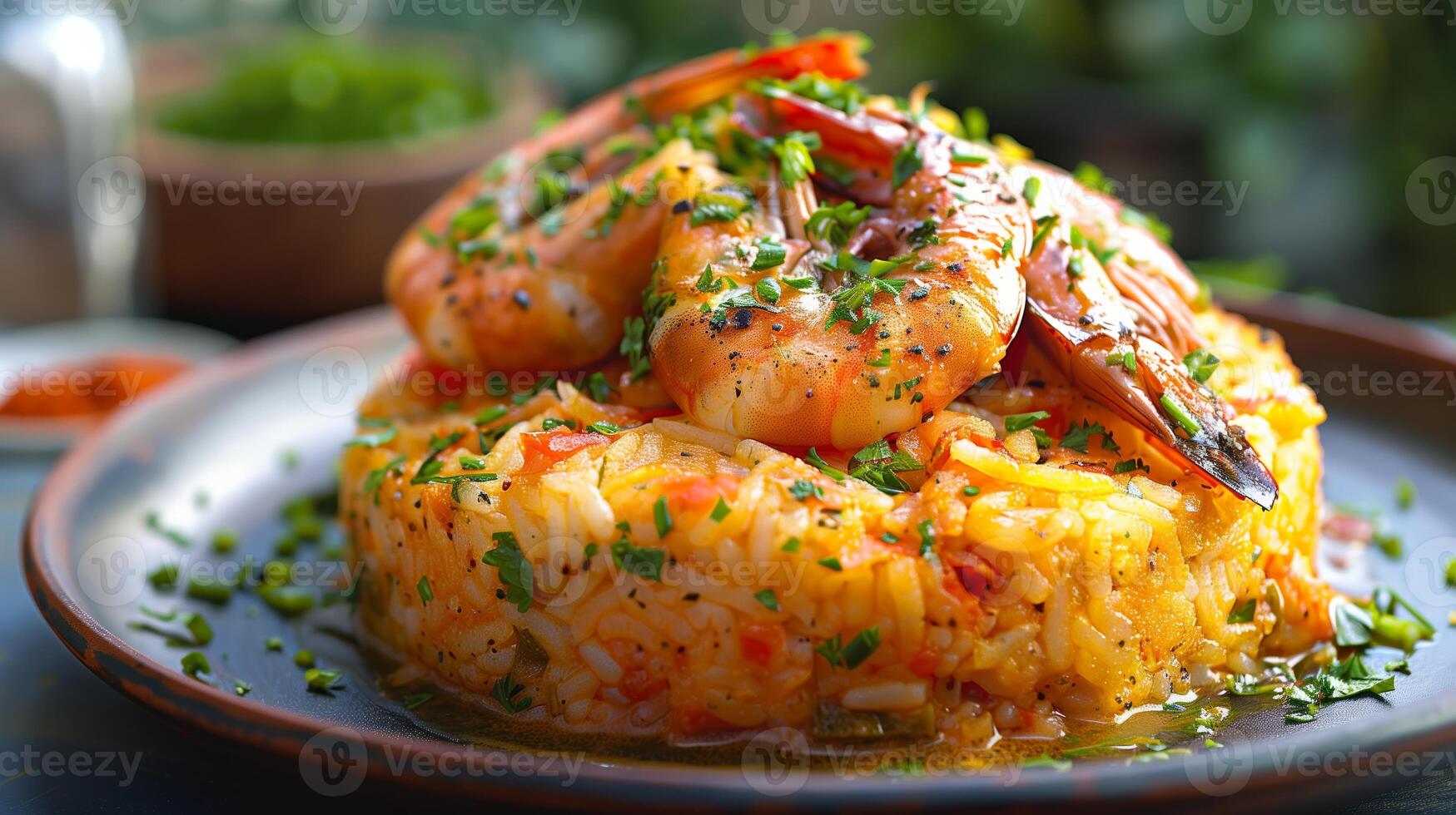 AI generated Close up of a savory shrimp risotto garnished with fresh herbs, served on a dark plate, perfect for culinary websites or Mediterranean cuisine themed content photo