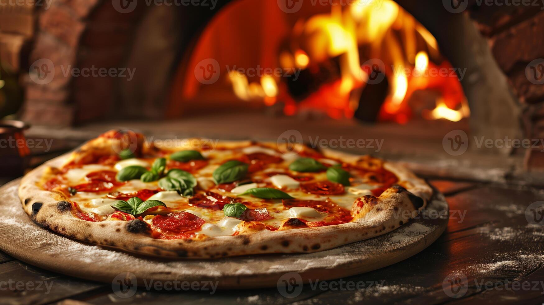 AI generated Authentic Italian pepperoni pizza with fresh basil on a wooden table with a warm, rustic wood fired oven in the background, perfect for culinary concepts and restaurant menus photo