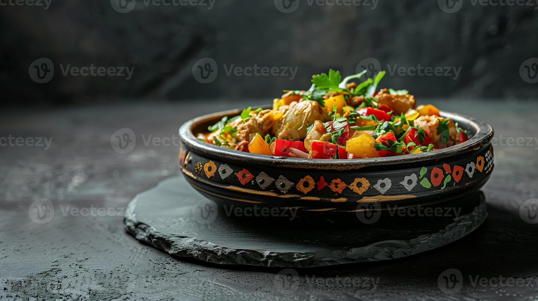 AI generated Traditional Moroccan chicken tagine with preserved lemons, olives, and vegetables, garnished with fresh cilantro, served in an ornate dish on a dark textured background photo