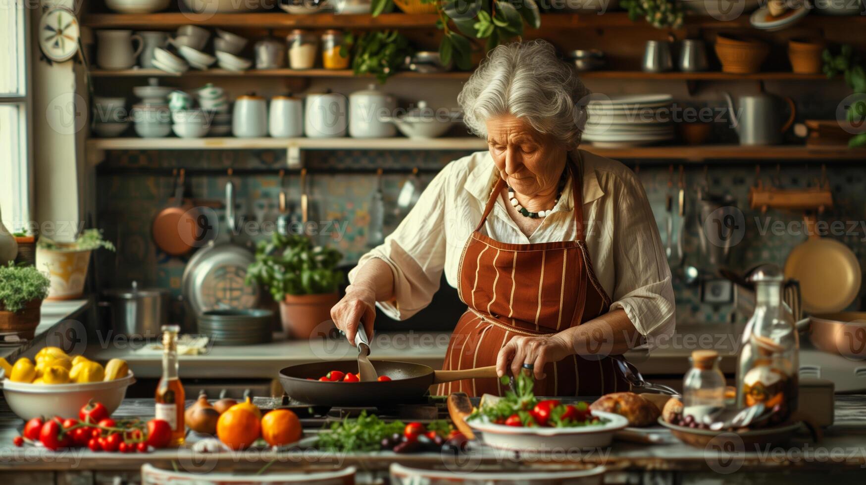 AI generated Elderly Caucasian woman cooking in a rustic kitchen, surrounded by fresh vegetables and herbs, embodying traditional home cooking and family meals photo